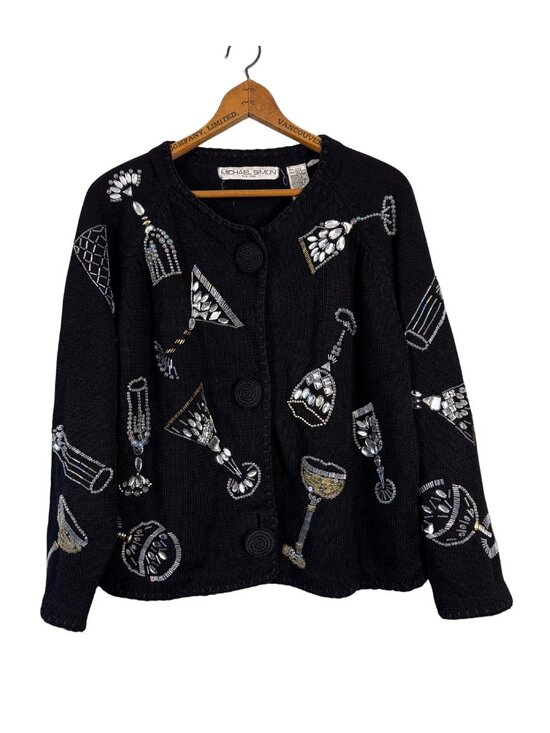 Vintage Sweaters - Black Beaded Embellished Cardigan, Vintage Cocktail Sweater, Statement Knit